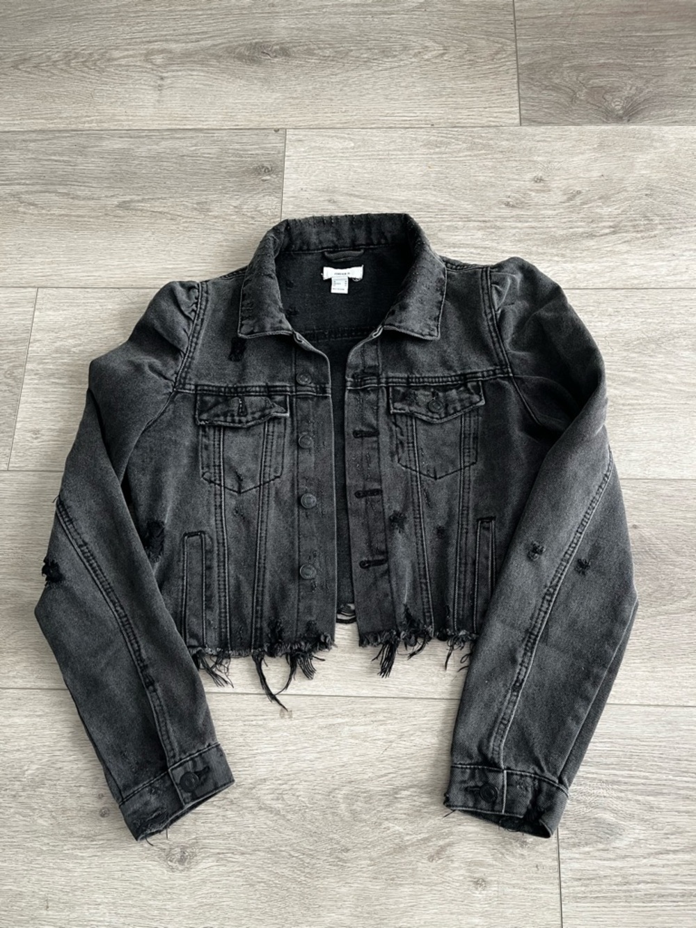 Forever 21 Cropped Distressed Black Denim Jacket